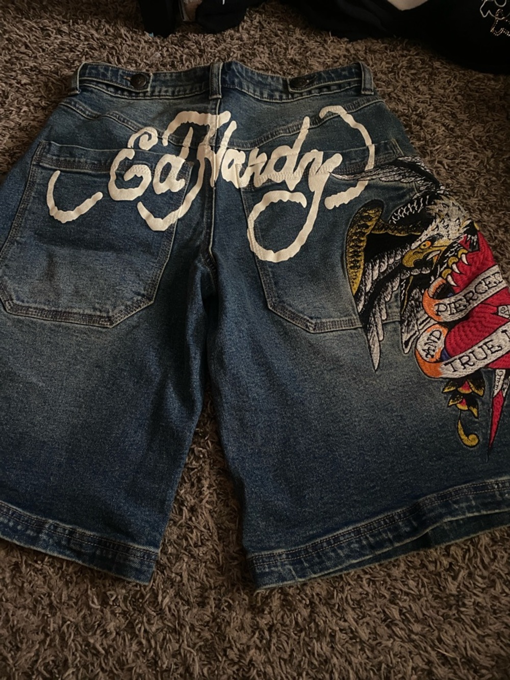 Ed Hardy Blue Denim Shorts with White Script and Multicolor Eagle